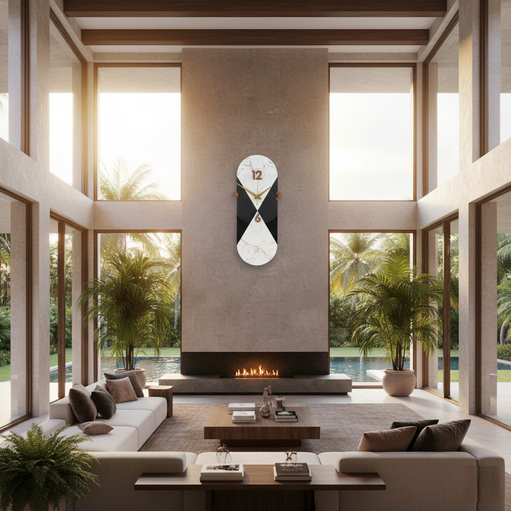 modern marble & black vertical statement wall clock