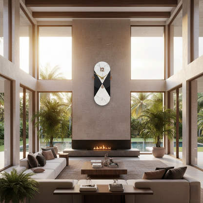 Modern Marble & Black Vertical Statement Wall Clock