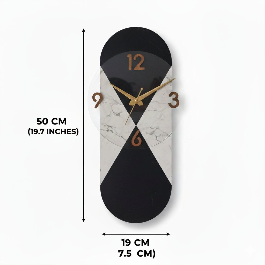 modern hourglass design black & marble wall clock 50cm x 19cm