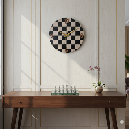 Silent Chessboard Wall Clock | 12-Inch 3D Wooden Numerals