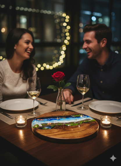 18 IN" Round Ocean Resin Wall Art - Natural Wood & Blue Coastal Beach