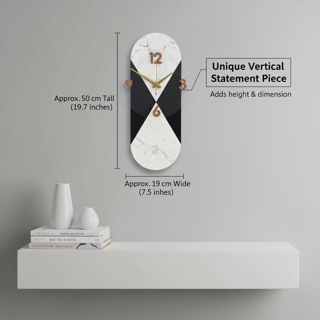 modern marble & black vertical statement wall clock