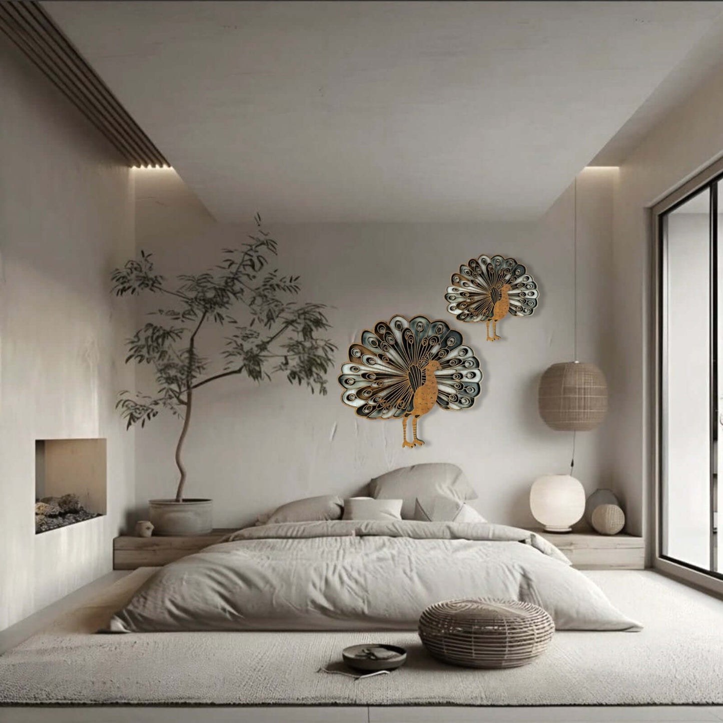 elegant wooden peacock wall art showcasing intricate laser-cut feather patterns and a natural wood finish.