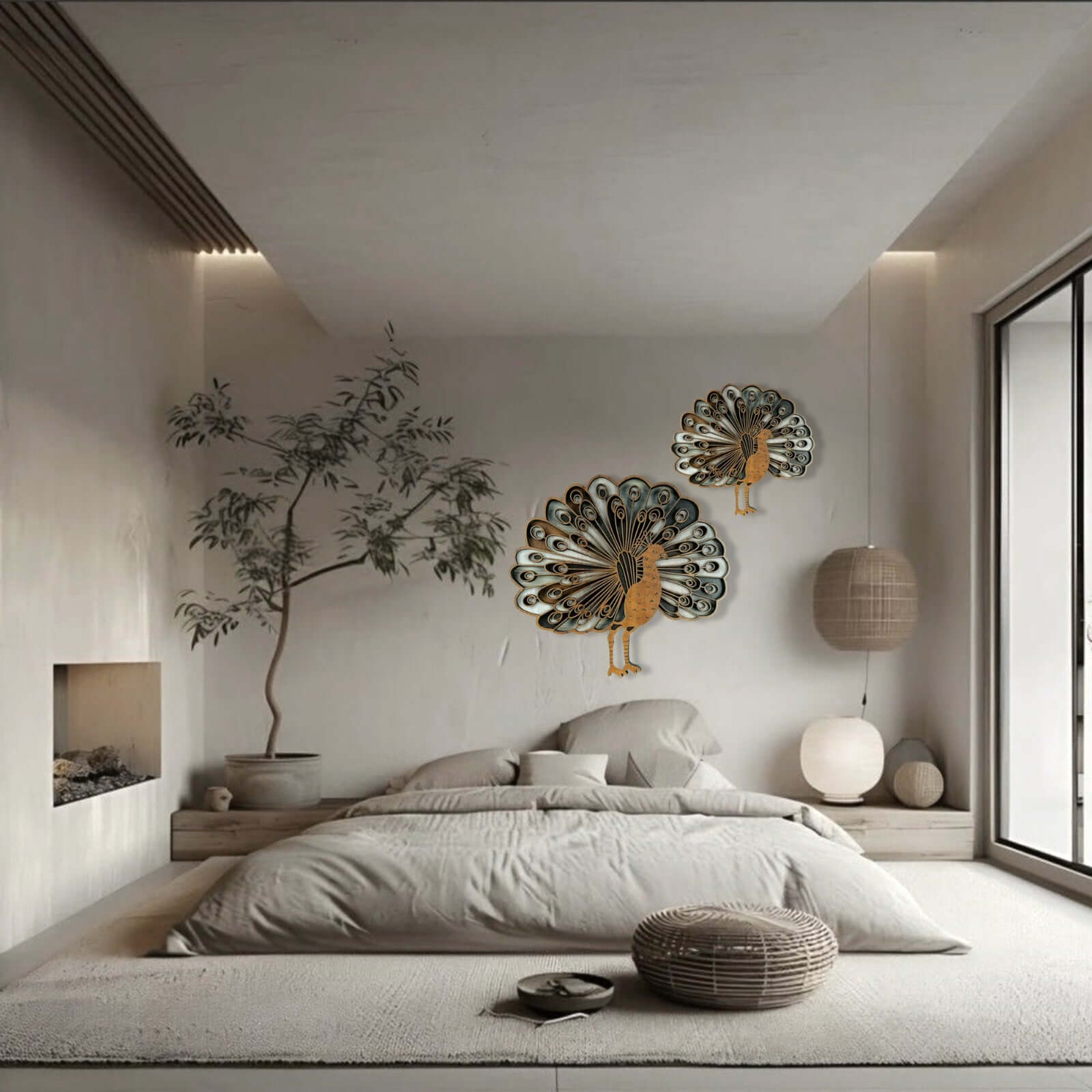 Elegant Wooden Peacock Wall Art showcasing intricate laser-cut feather patterns and a natural wood finish.