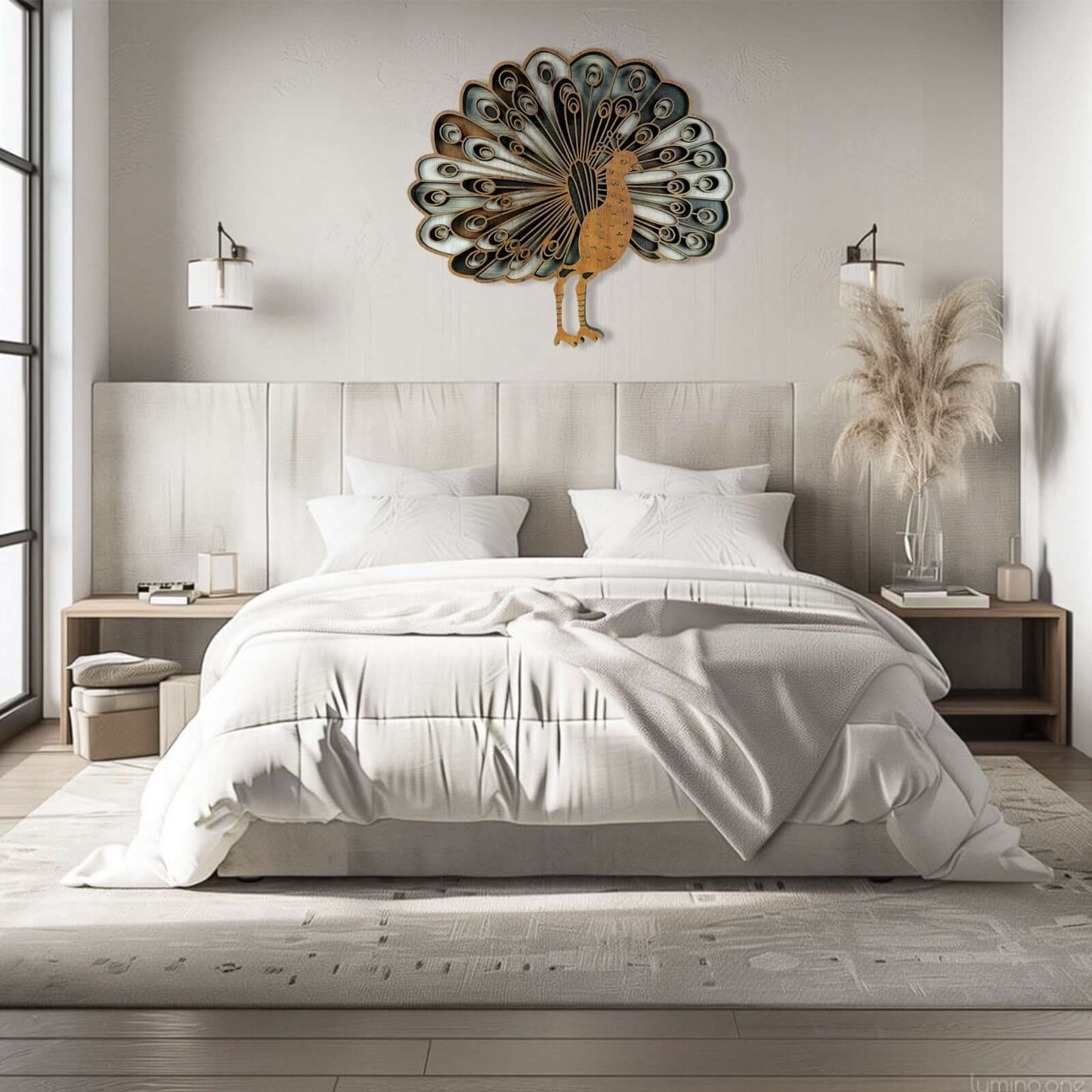 elegant wooden peacock wall art showcasing intricate laser-cut feather patterns and a natural wood finish.