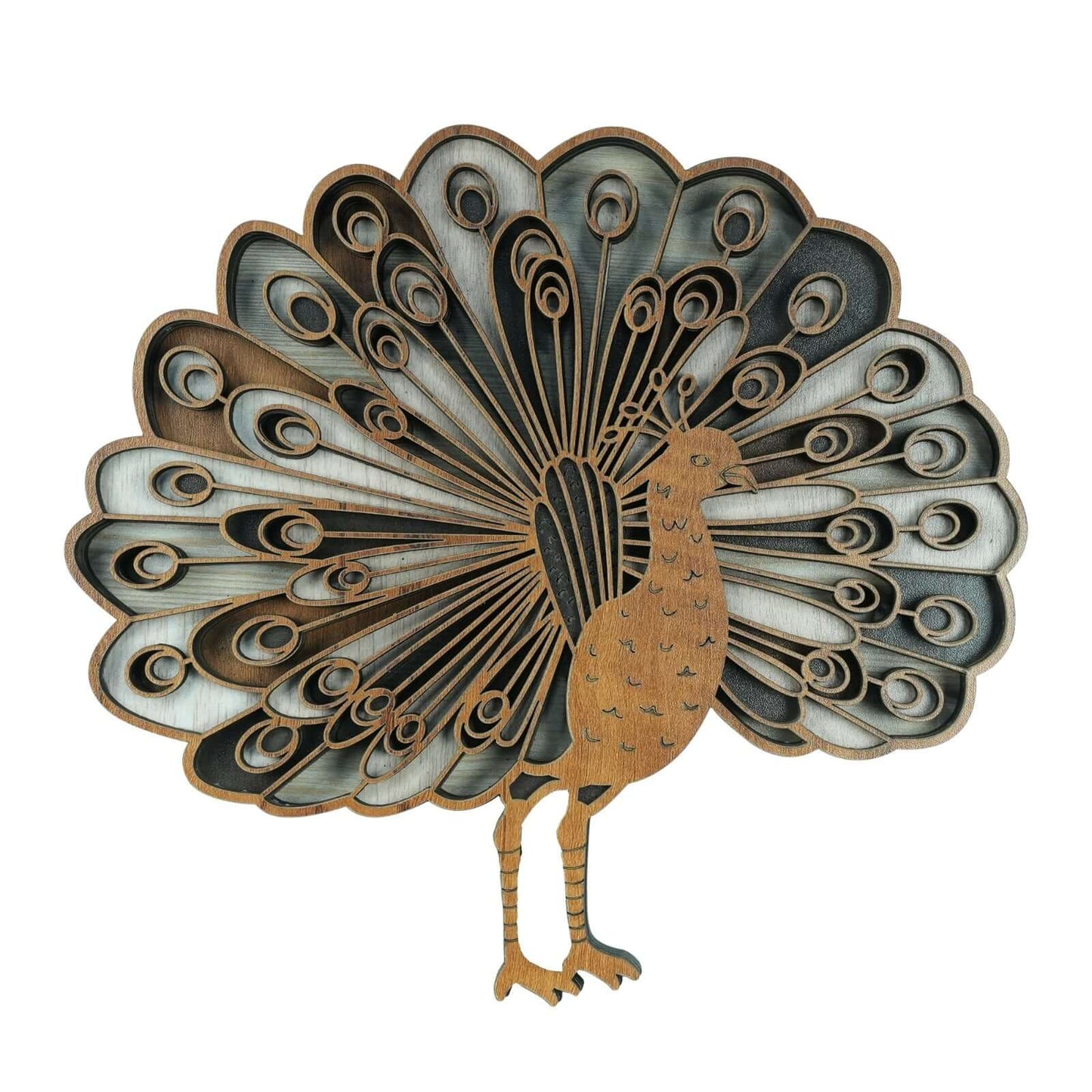 elegant wooden peacock wall art showcasing intricate laser-cut feather patterns and a natural wood finish.