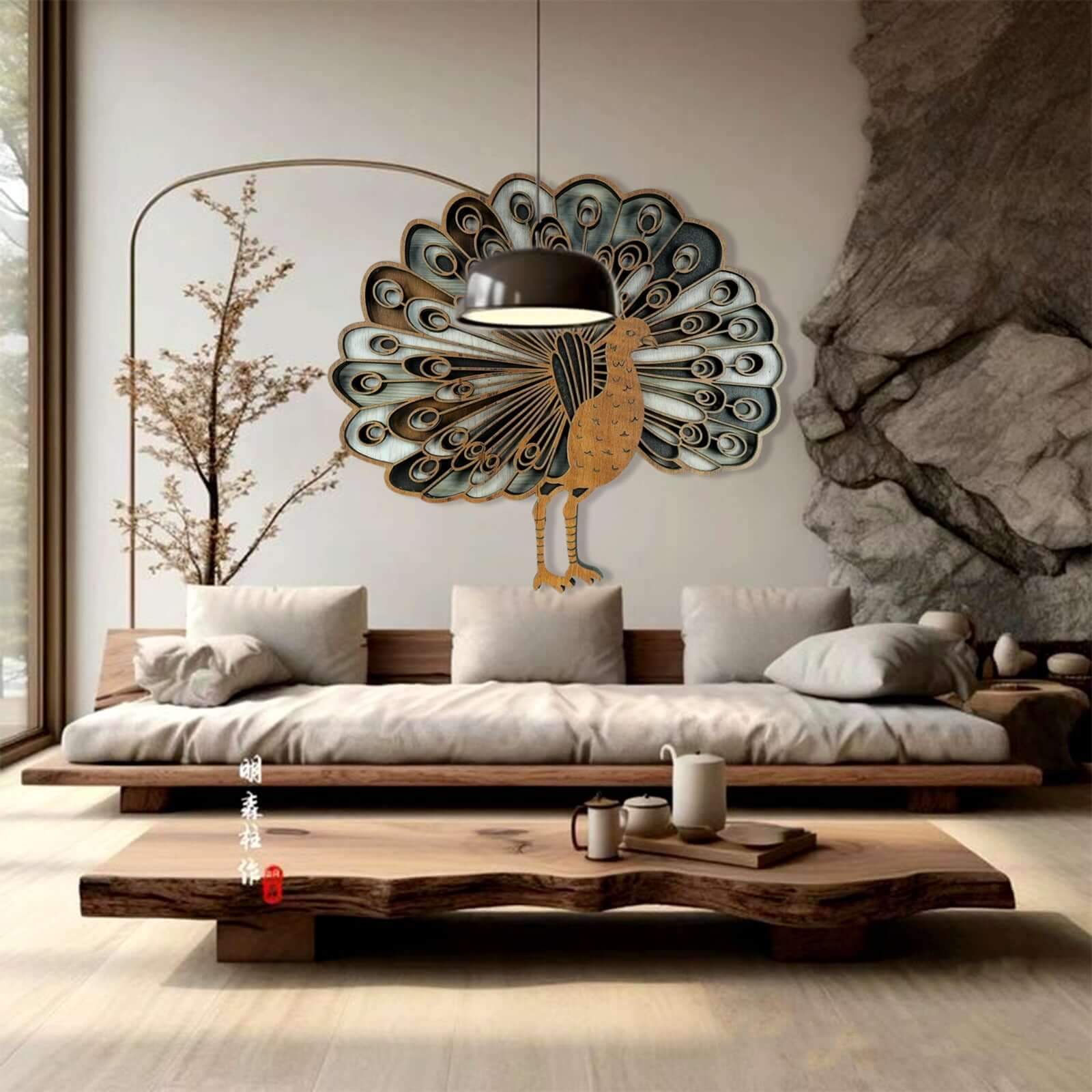 Elegant Wooden Peacock Wall Art showcasing intricate laser-cut feather patterns and a natural wood finish.