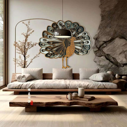 Elegant Wooden Peacock Wall Art showcasing intricate laser-cut feather patterns and a natural wood finish.