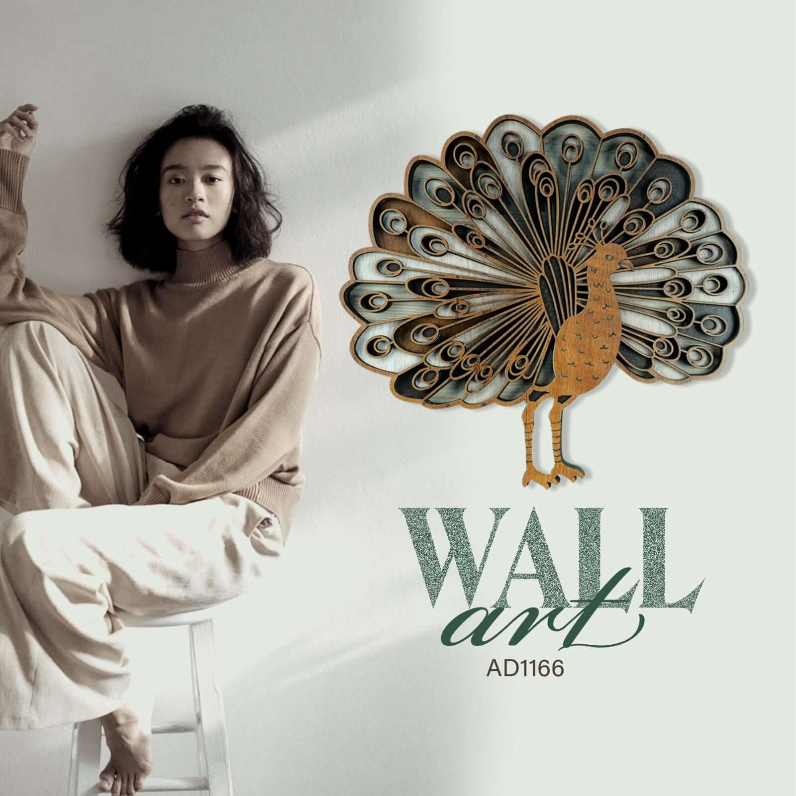 Elegant Wooden Peacock Wall Art showcasing intricate laser-cut feather patterns and a natural wood finish.