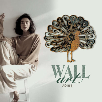 Elegant Wooden Peacock Wall Art showcasing intricate laser-cut feather patterns and a natural wood finish.