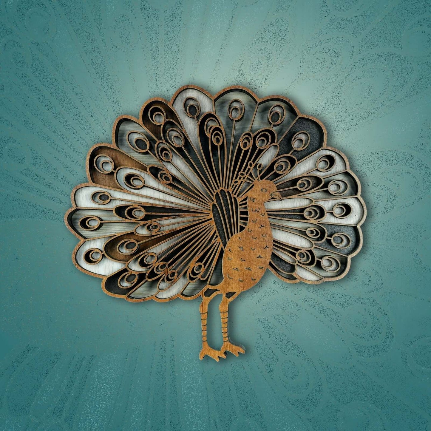 elegant wooden peacock wall art showcasing intricate laser-cut feather patterns and a natural wood finish.