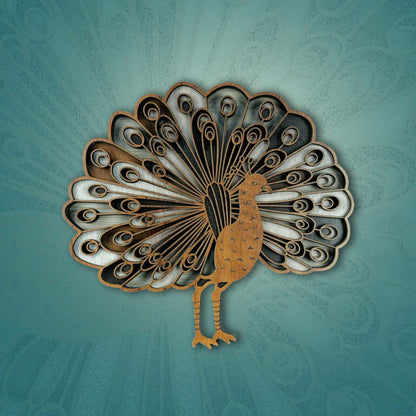 Elegant Wooden Peacock Wall Art showcasing intricate laser-cut feather patterns and a natural wood finish.