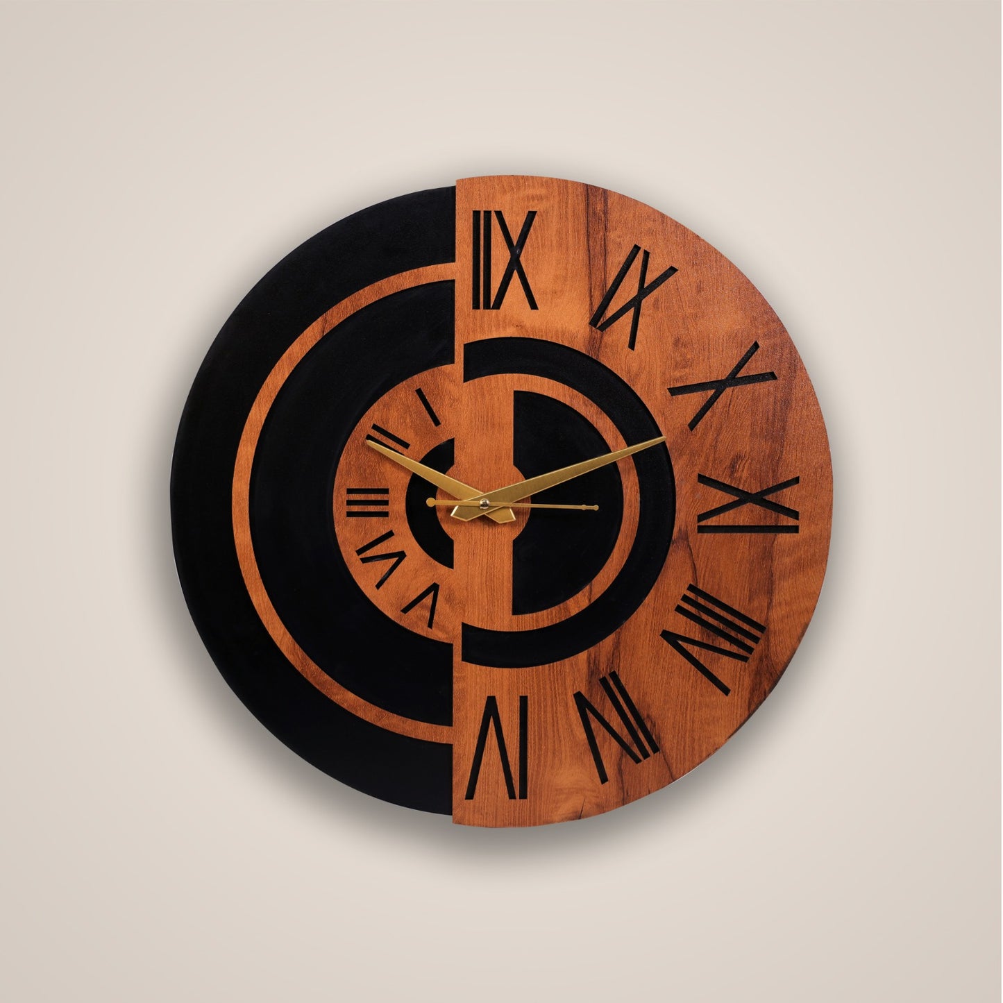 modern wooden wall clock with roman numerals