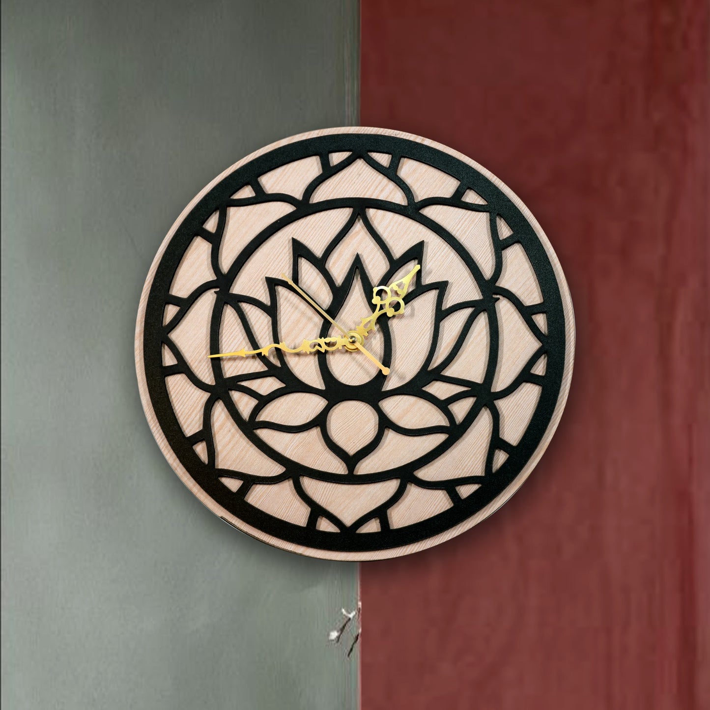 lotus design wooden wall clock