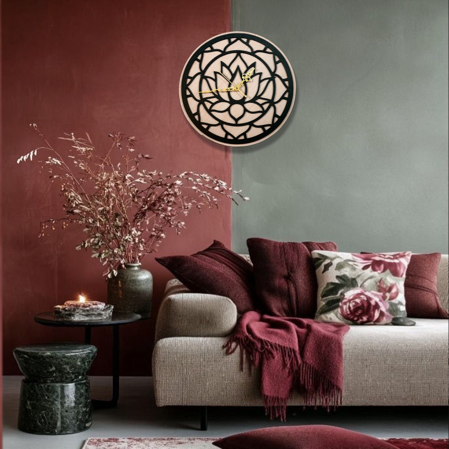 lotus design wooden wall clock