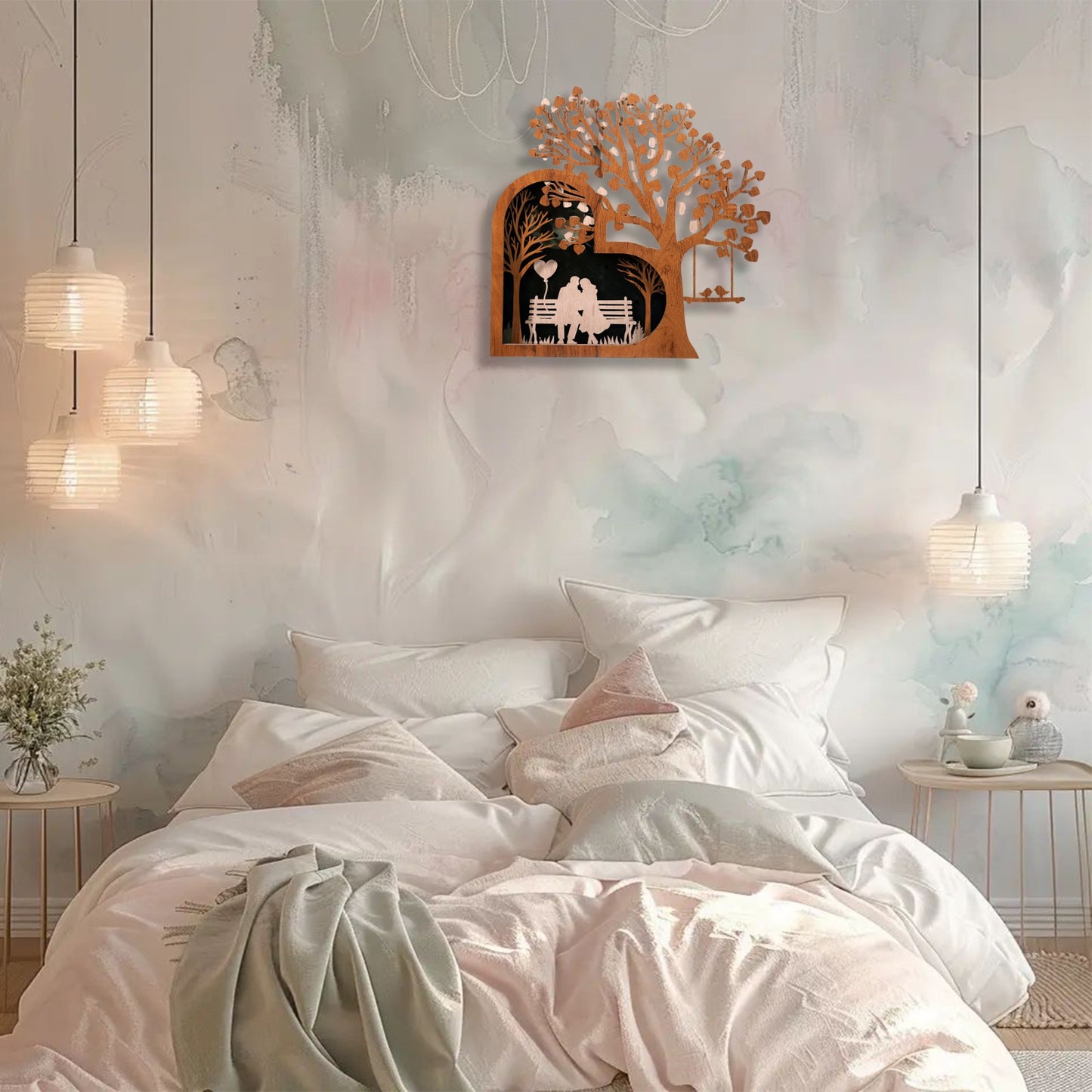 romantic couple wall art – wooden layered tree & swing décor