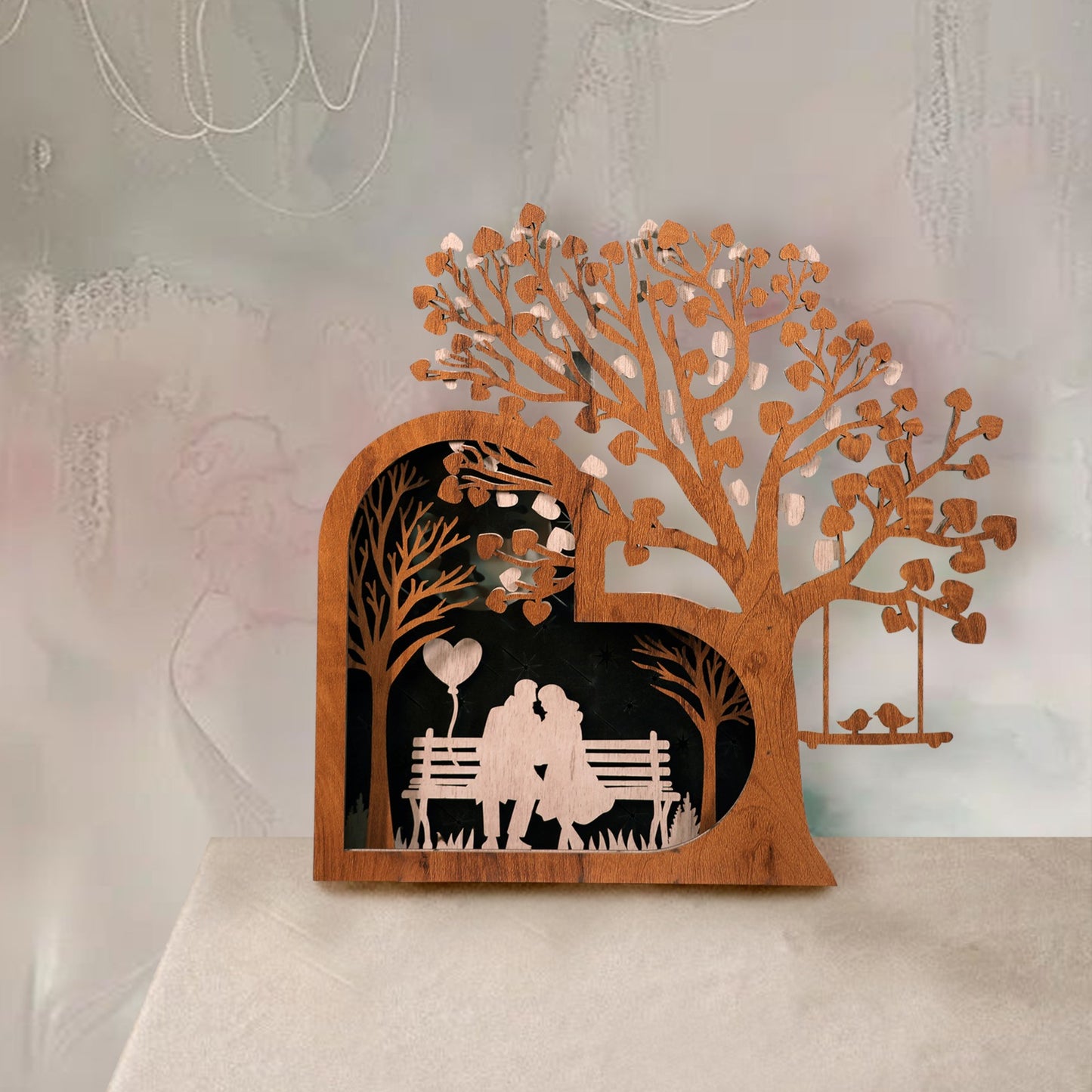 romantic couple wall art – wooden layered tree & swing décor