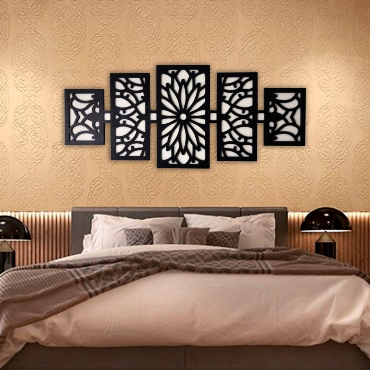 modern wooden wall art panel set – laser cut floral pattern displayed above a modern sofa in a stylish living room.
