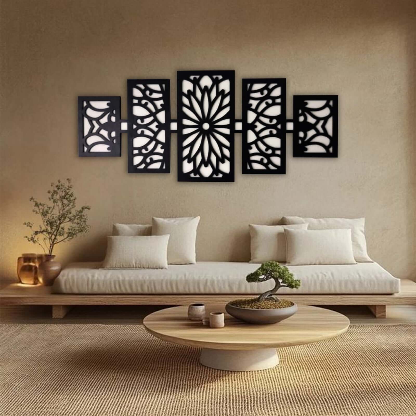 Modern Wooden Wall Art Panel Set – Laser Cut Floral Pattern displayed above a modern sofa in a stylish living room.