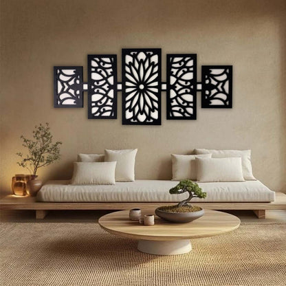 Modern Wooden Wall Art Panel Set – Laser Cut Floral Pattern displayed above a modern sofa in a stylish living room.