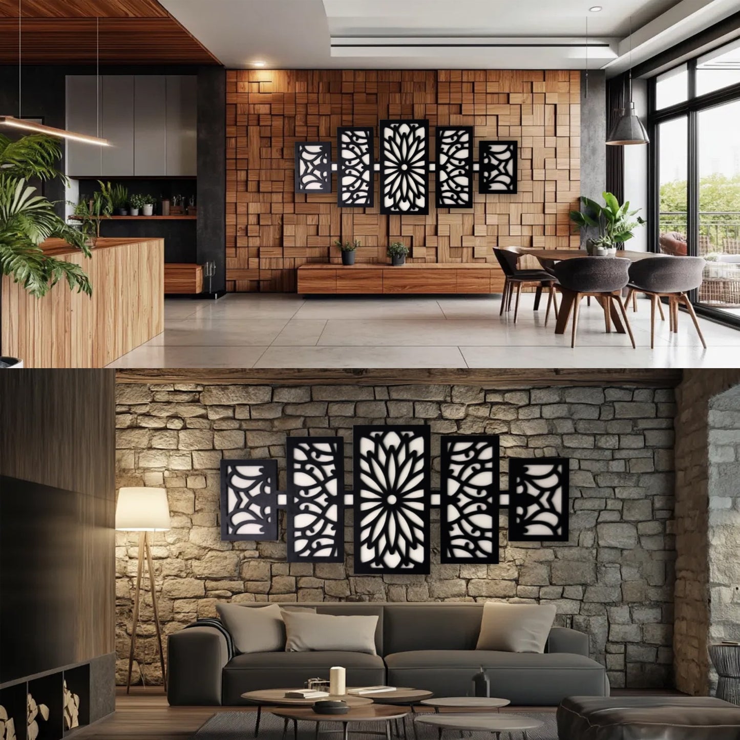 modern wooden wall art panel set – laser cut floral pattern displayed above a modern sofa in a stylish living room.
