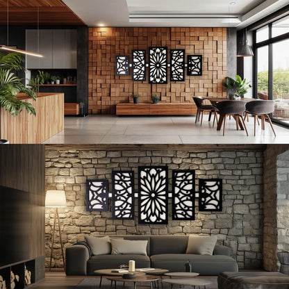 Modern Wooden Wall Art Panel Set – Laser Cut Floral Pattern displayed above a modern sofa in a stylish living room.