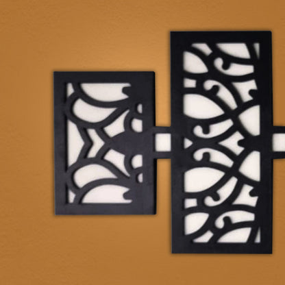 Modern Wooden Wall Art Panel Set – Laser Cut Floral Pattern displayed above a modern sofa in a stylish living room.