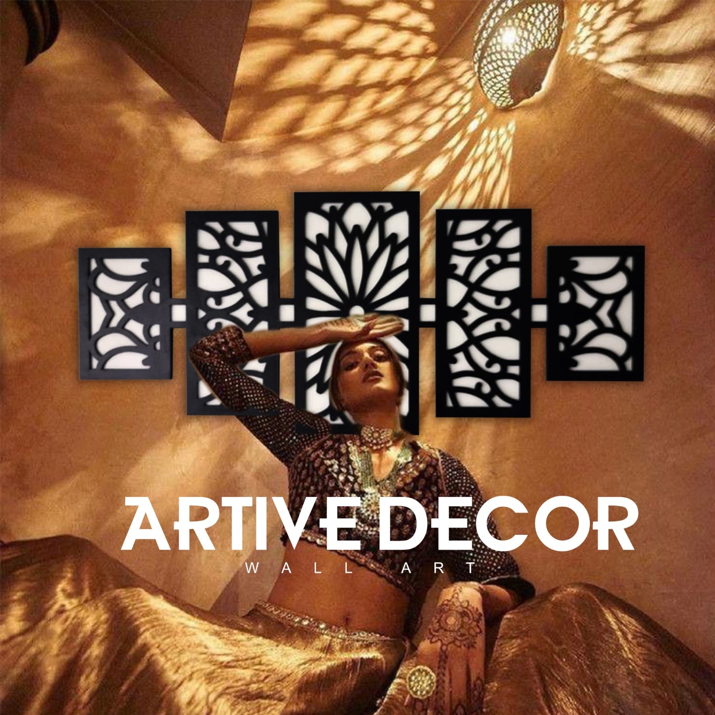 modern wooden wall art panel set – laser cut floral pattern displayed above a modern sofa in a stylish living room.