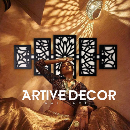 Modern Wooden Wall Art Panel Set – Laser Cut Floral Pattern displayed above a modern sofa in a stylish living room.