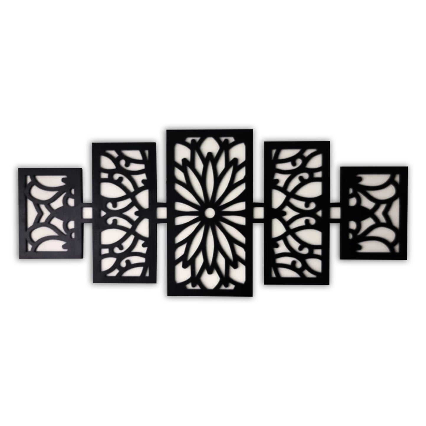 modern wooden wall art panel set – laser cut floral pattern displayed above a modern sofa in a stylish living room.