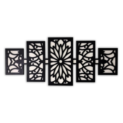 Modern Wooden Wall Art Panel Set – Laser Cut Floral Pattern displayed above a modern sofa in a stylish living room.