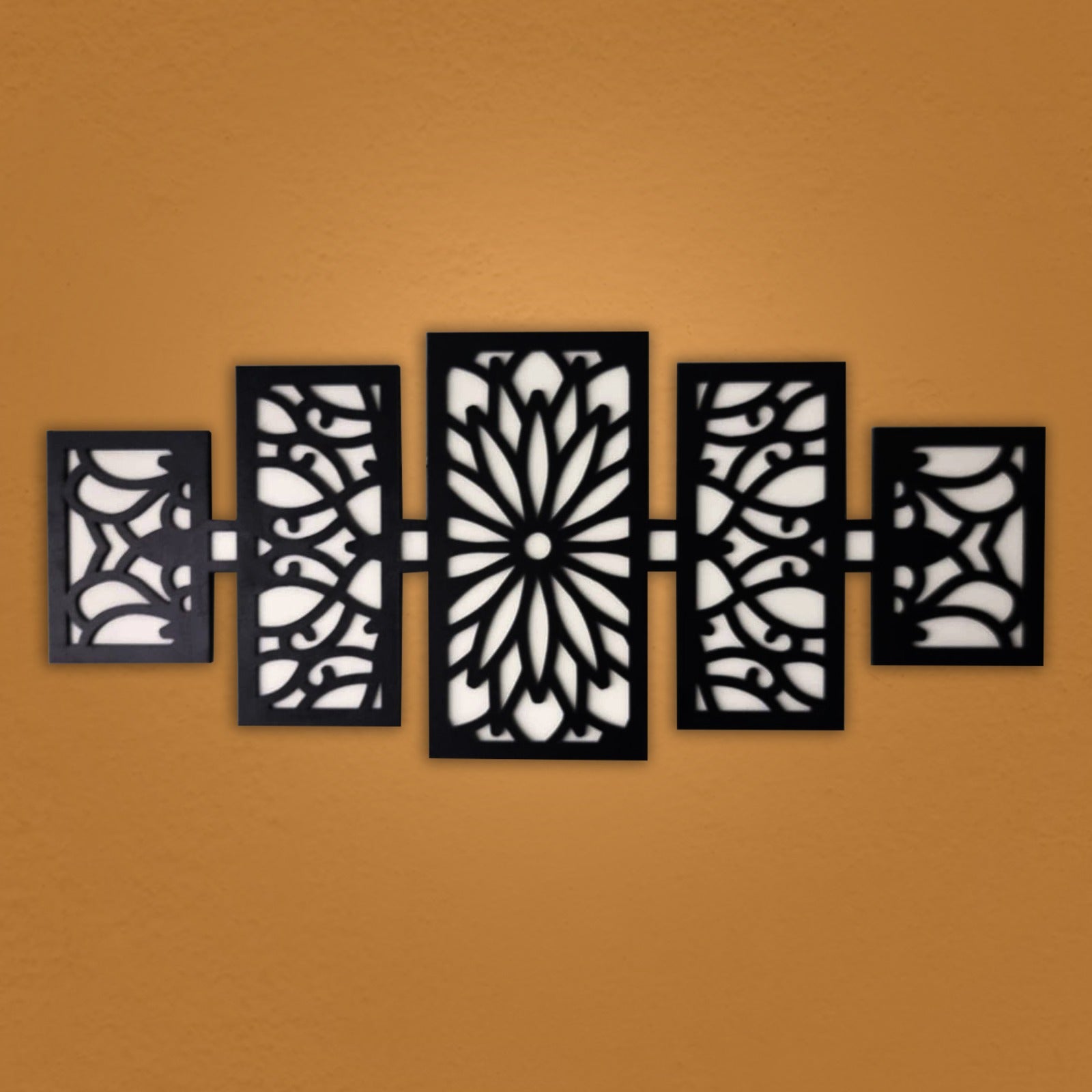Modern Wooden Wall Art Panel Set – Laser Cut Floral Pattern displayed above a modern sofa in a stylish living room.