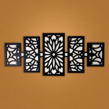 Modern Wooden Wall Art Panel Set – Laser Cut Floral Pattern displayed above a modern sofa in a stylish living room.