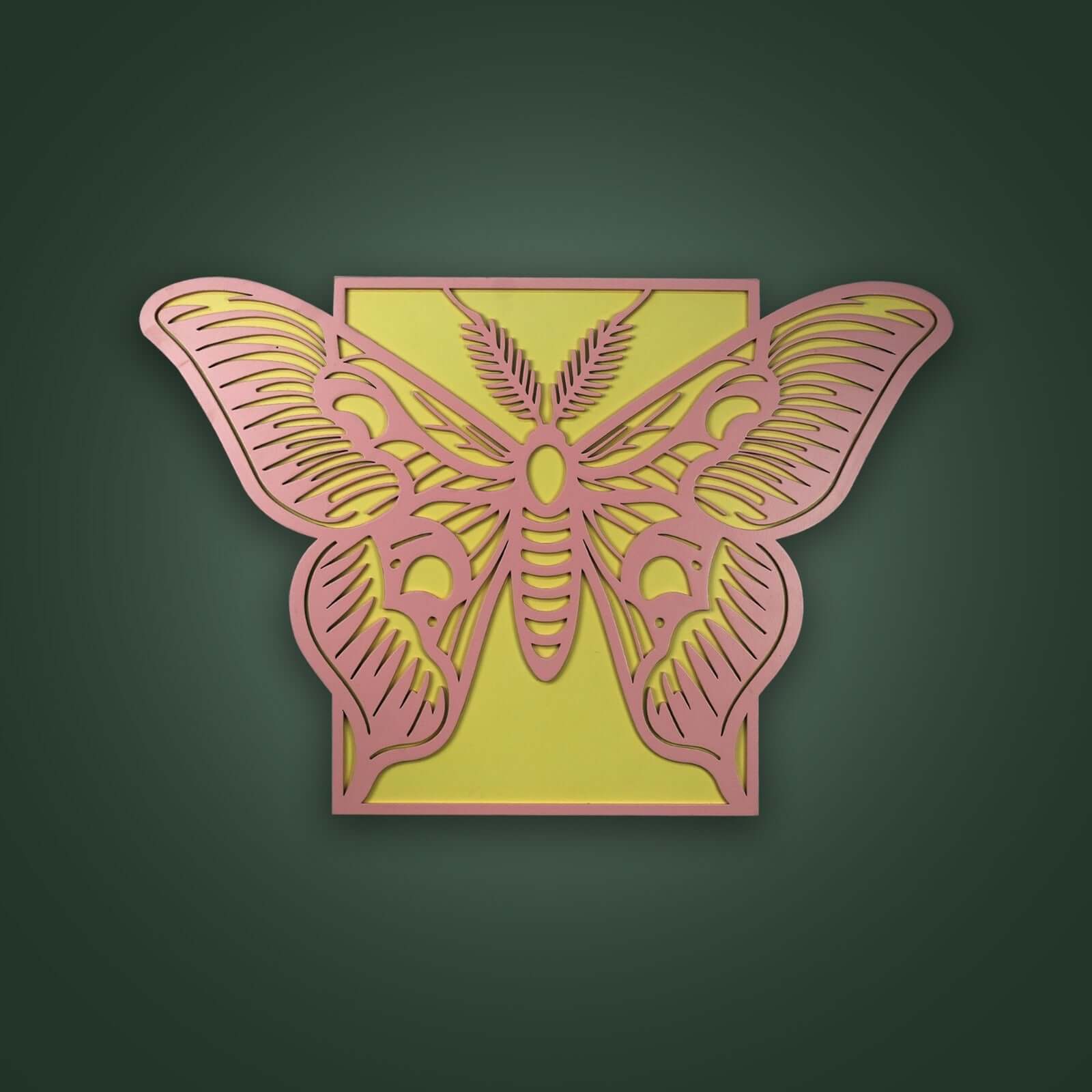Elegant Butterfly Laser-Cut Wooden Wall Art in vibrant pink and yellow tones, perfect for modern home decor.