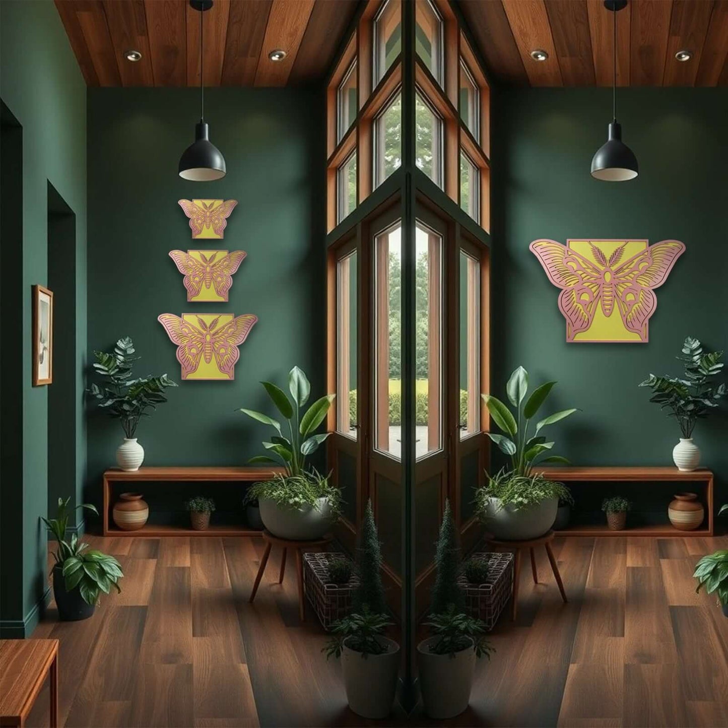 elegant butterfly laser-cut wooden wall art displayed in a stylish green entryway with plants and wooden decor.