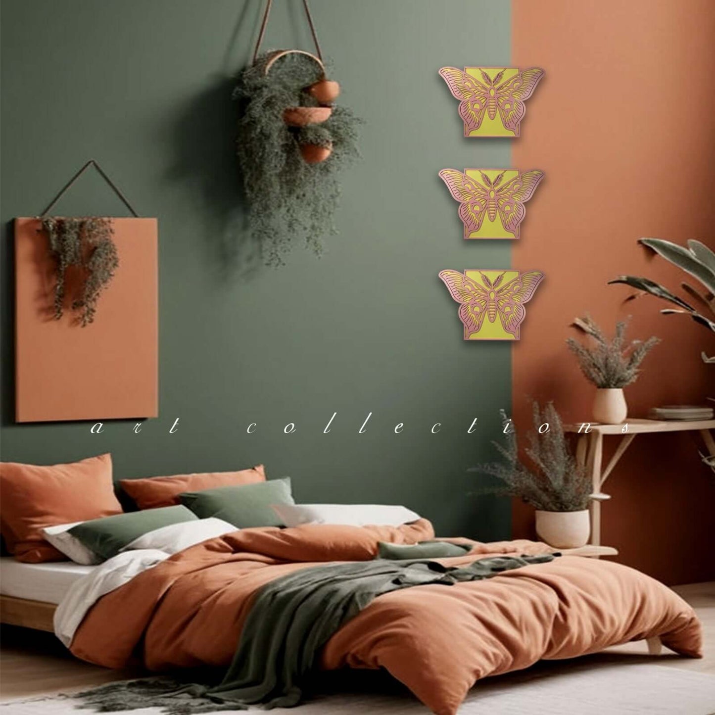 elegant butterfly laser-cut wooden wall art displayed in a stylish living room with green and orange walls.