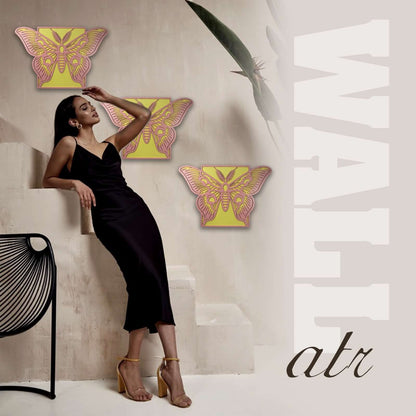 Elegant Butterfly Laser-Cut Wooden Wall Art displayed in a modern interior setting with a stylish model.