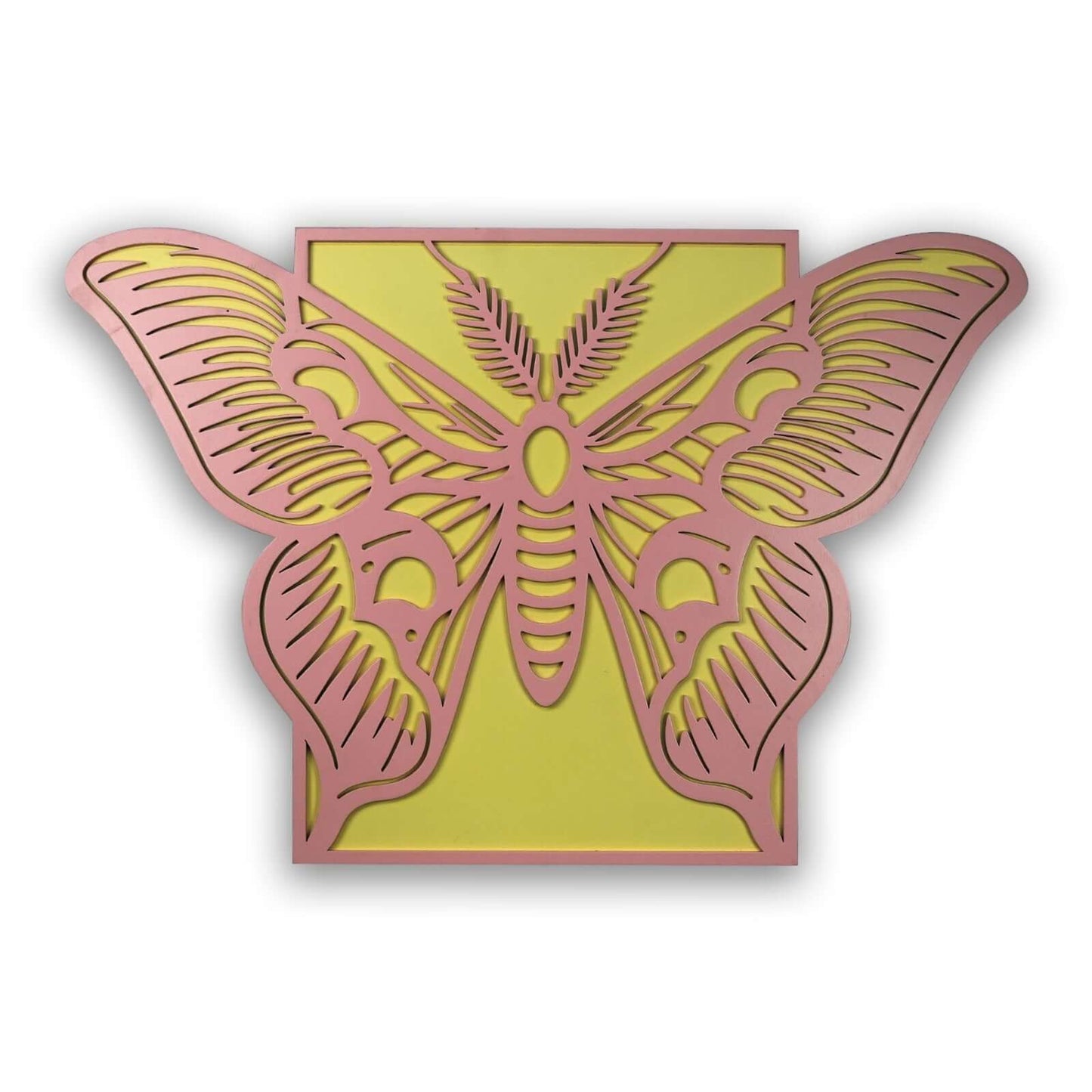 elegant butterfly laser-cut wooden wall art featuring vibrant pink and yellow tones, perfect for home decor.