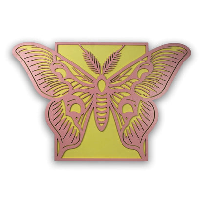 Elegant Butterfly Laser-Cut Wooden Wall Art featuring vibrant pink and yellow tones, perfect for home decor.
