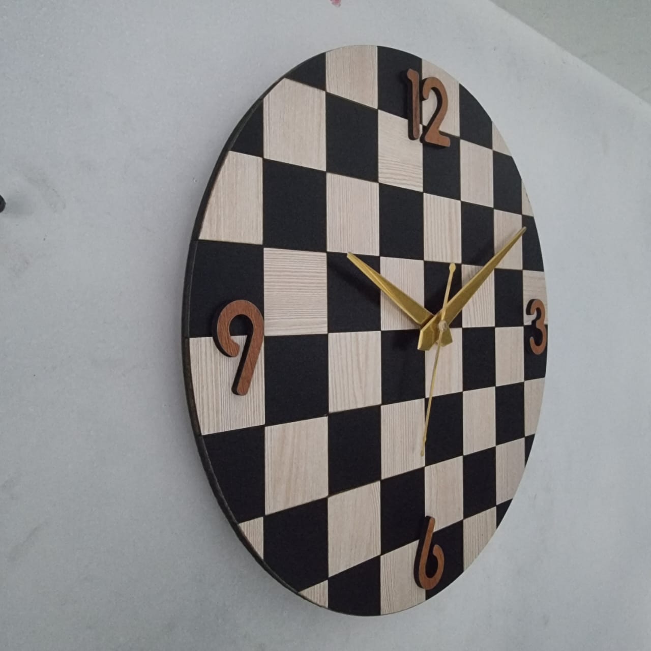 silent chessboard wall clock | 12-inch 3d wooden numerals