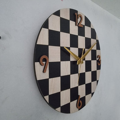 Silent Chessboard Wall Clock | 12-Inch 3D Wooden Numerals