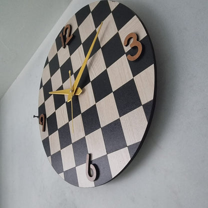Silent Chessboard Wall Clock | 12-Inch 3D Wooden Numerals