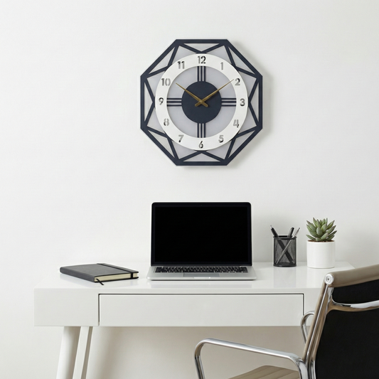 Modern Octagonal Geometric Wall Clock – 30cm Acrylic & HDF Wood Silent Decorative Timepiece