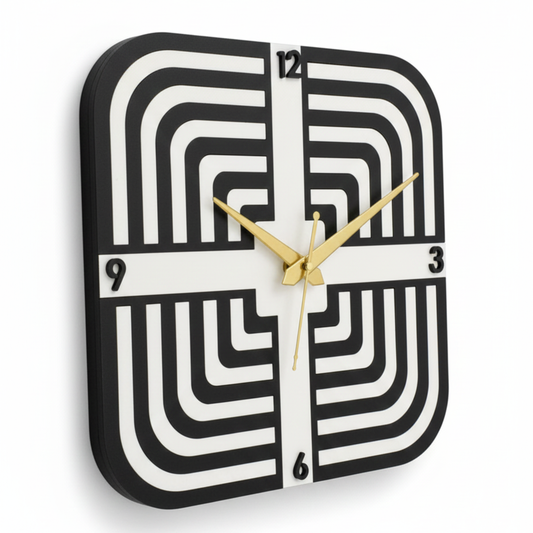 30cm Square Monochrome Maze Wall Clock - Acrylic & MDF Craftsmanship