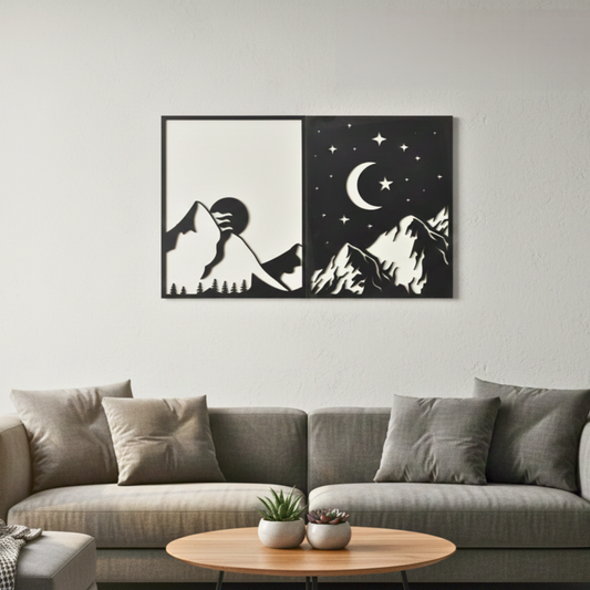 Day and Night Mountain Peaks - 2-Piece 3D Layered Wooden Wall Art Set (23" x 14" IN)
