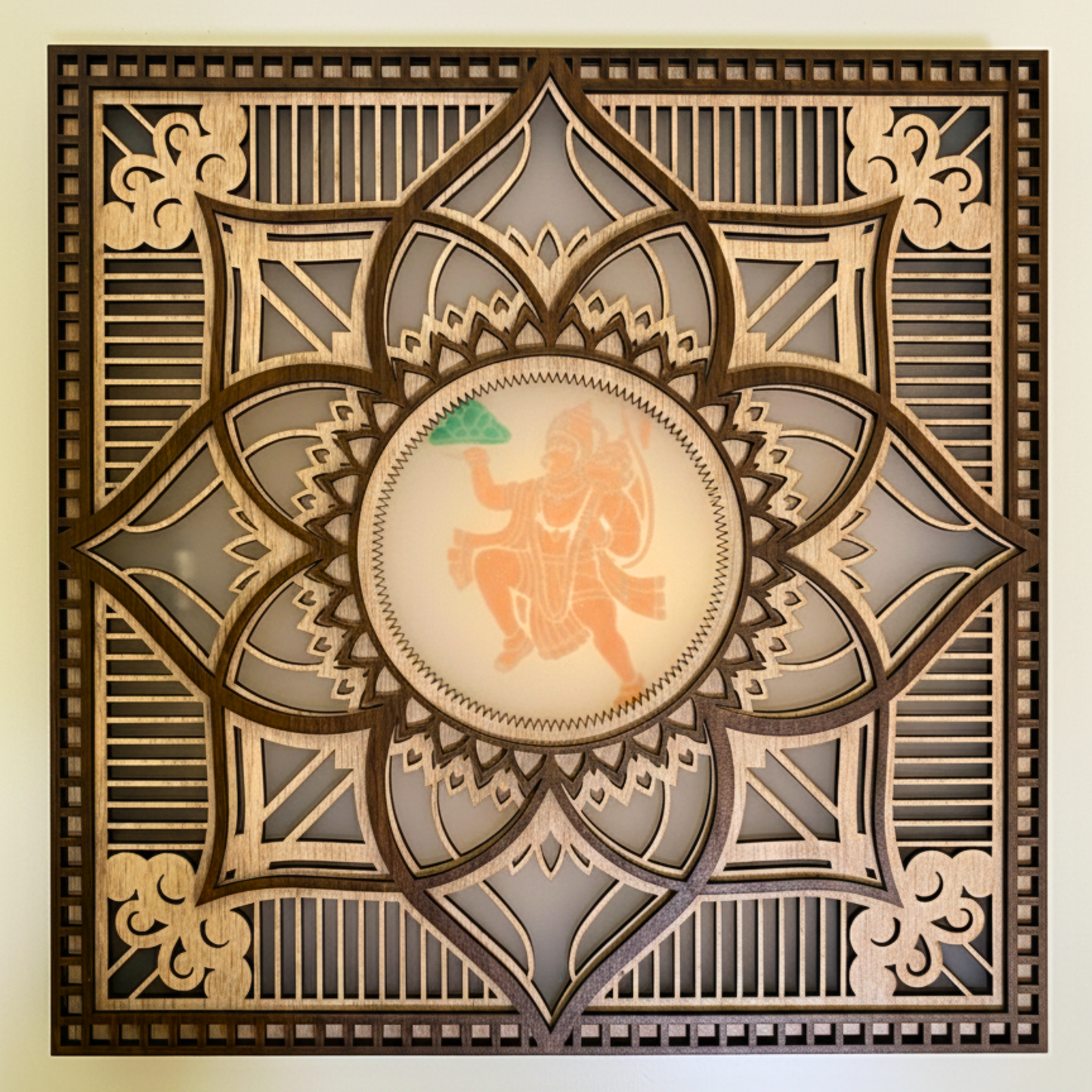 divine 3d layered hanuman mandala wall art | intricate laser-cut wooden temple decor multicolor light with remote control| 30 x 30 cm