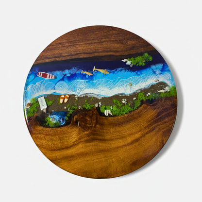 18 IN" Round Ocean Resin Wall Art - Natural Wood & Blue Coastal Beach