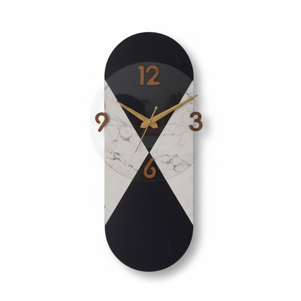 modern hourglass design black & marble wall clock 50cm x 19cm